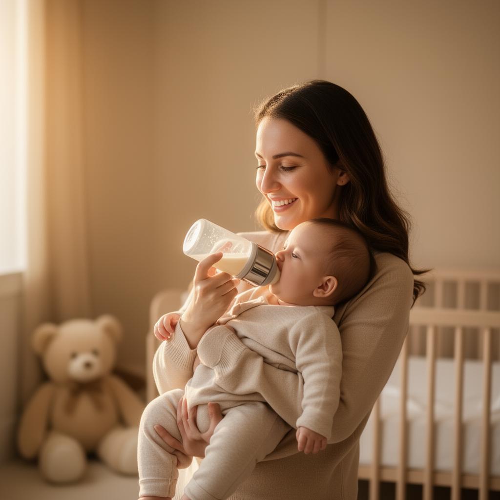Mother feeding her baby with a Little Co Sips stainless steel bottle