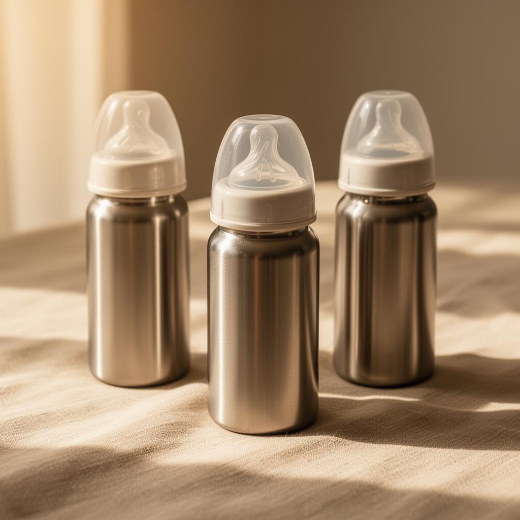 Stainless steel baby bottles arranged on linen